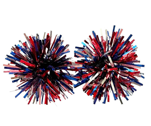 Red, Silver, and Blue Tinsel Party Pom Stud