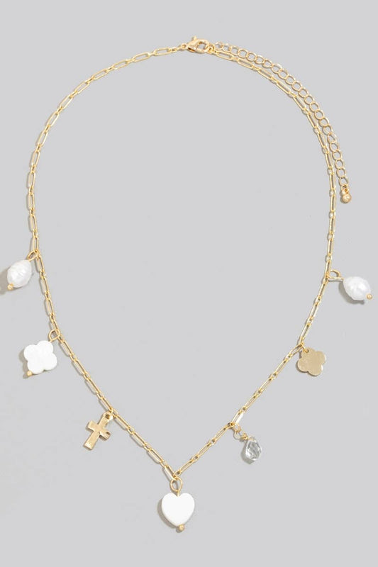 Mother Of Pearl Clover And Heart  Charms Chain Necklace
