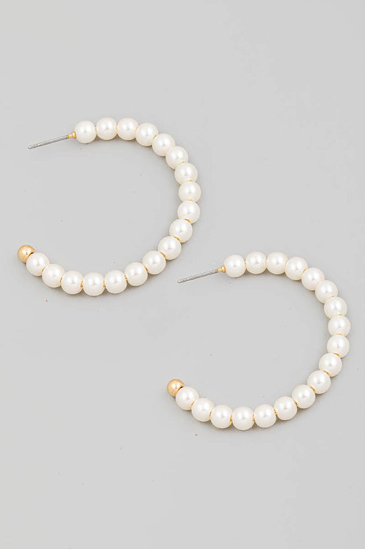 Pearl Bead Open Hoop Earrings