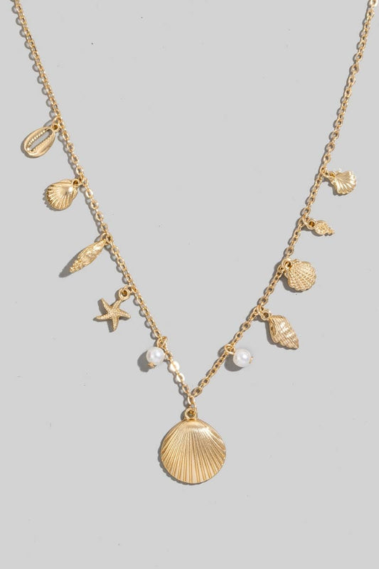 Mixed Sea Shells And Pearl Bead Charms Chain Necklace