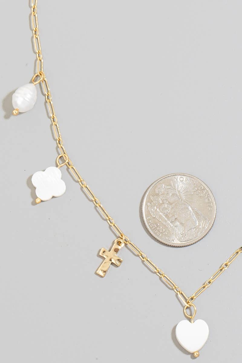 Mother Of Pearl Clover And Heart Charms Chain Necklace