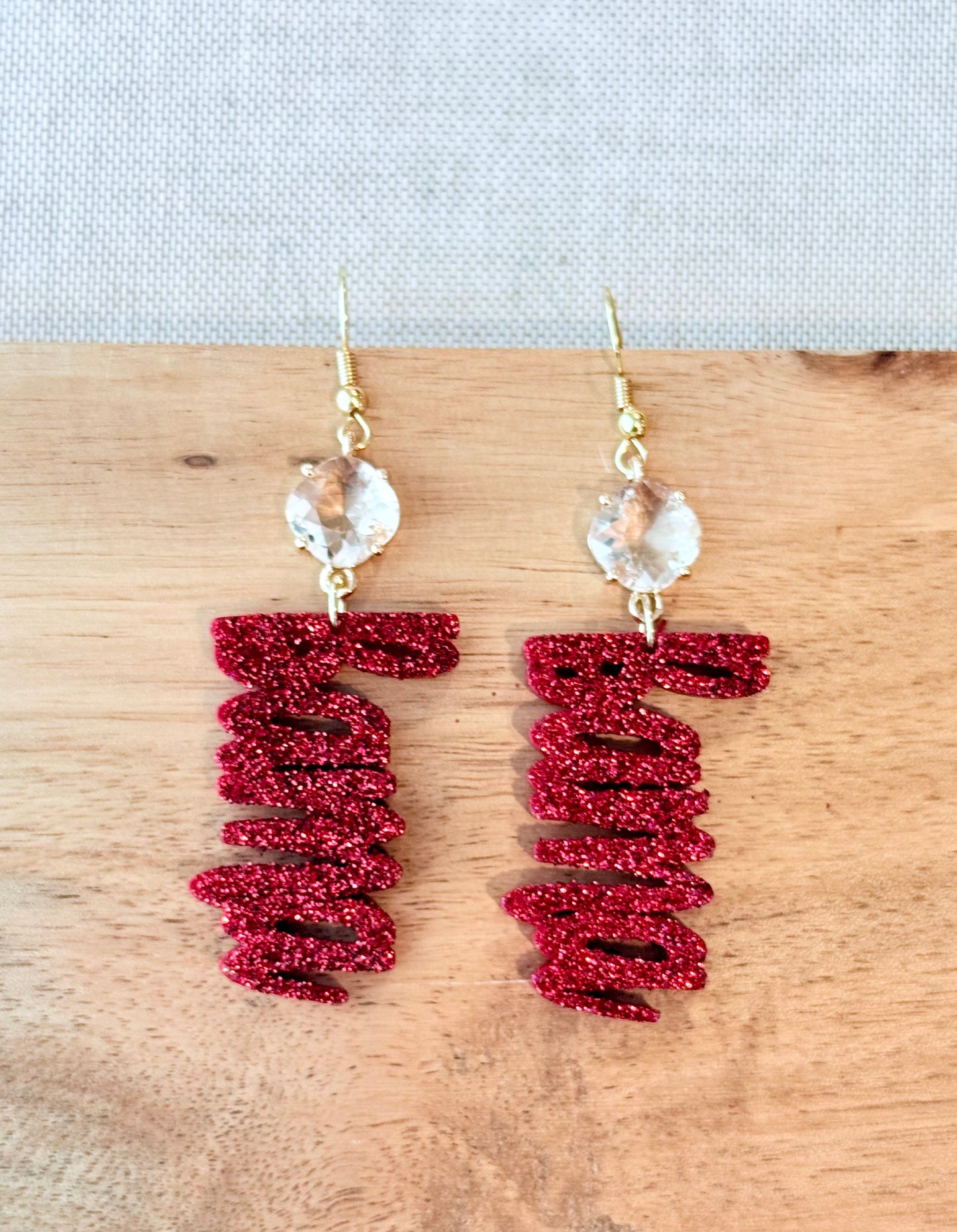 Crimson Script Glitter Earrings – Game Day Glam Statement Jewelry