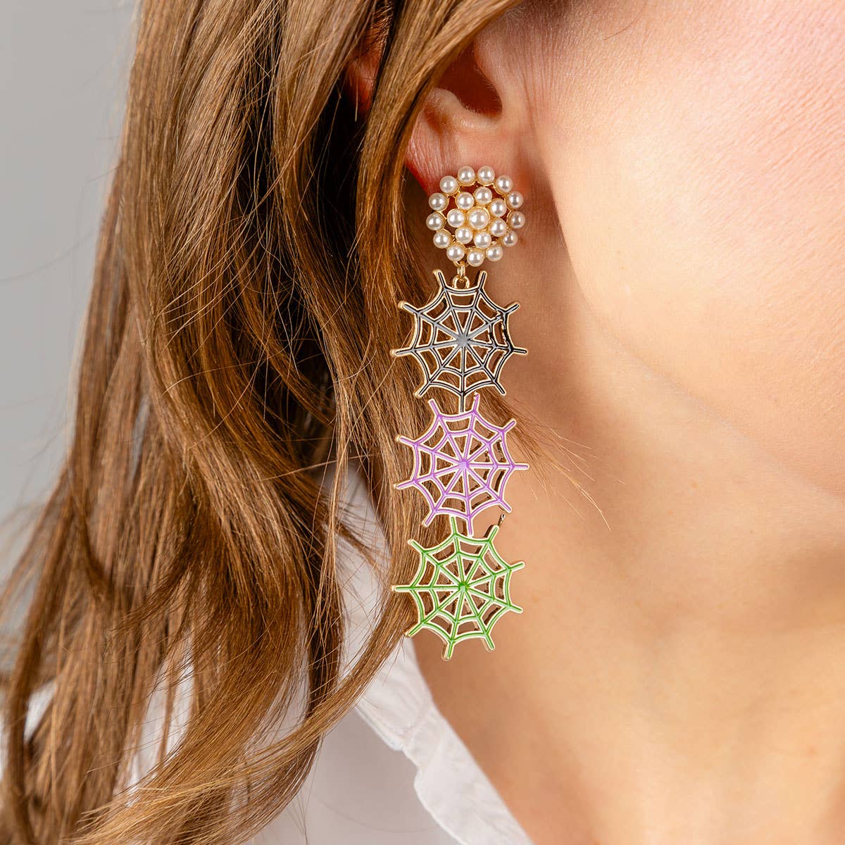 Halloween Enamel Linked Spider Web Drop Earrings in Black/Pu