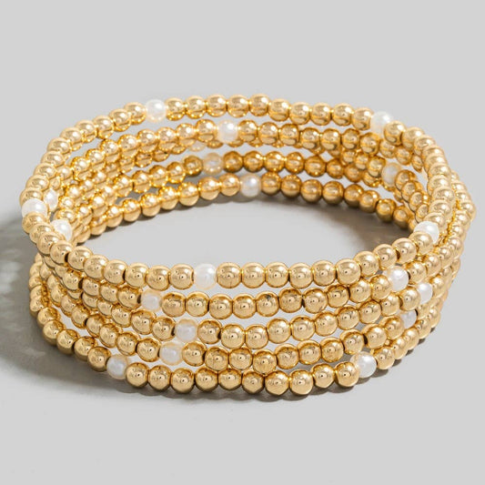 5Pc Pearl And Metallic Beaded Bracelet Set