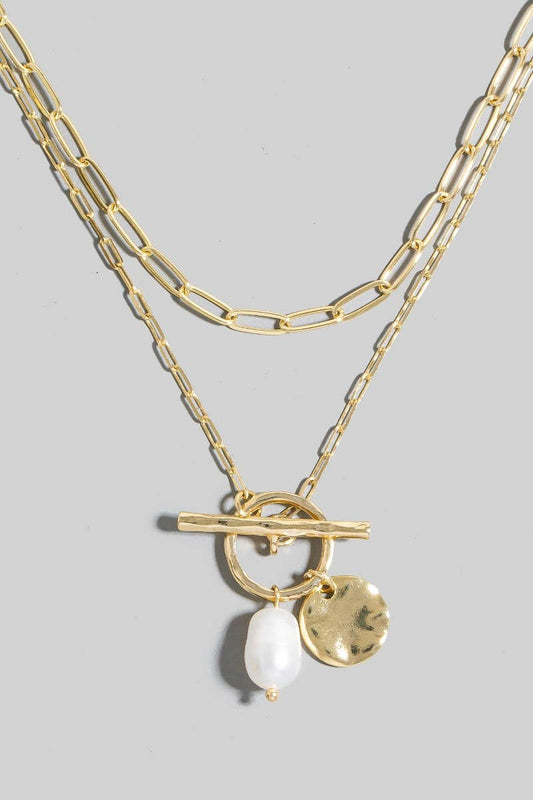 Paperclip Toggle Chain Disc Pearl Necklace