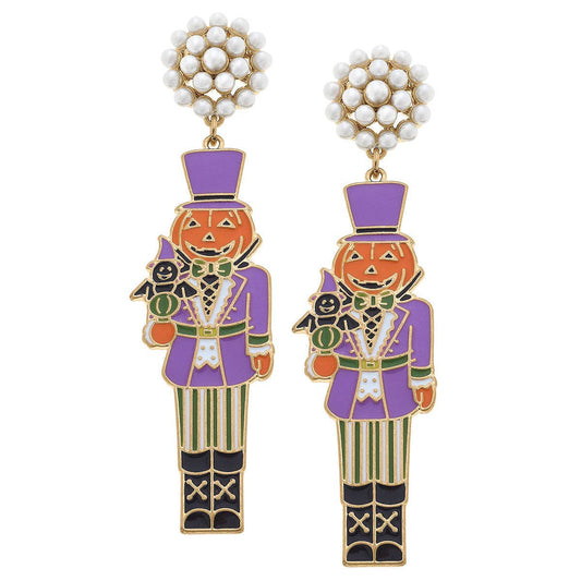 Halloween Enamel Jack O'Lantern Nutcracker Earrings in Purpl