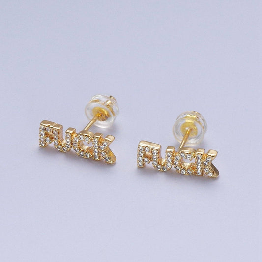 Dainty 16K Gold Filled "FUCK" Script Micro Paved CZ Stud Earrings