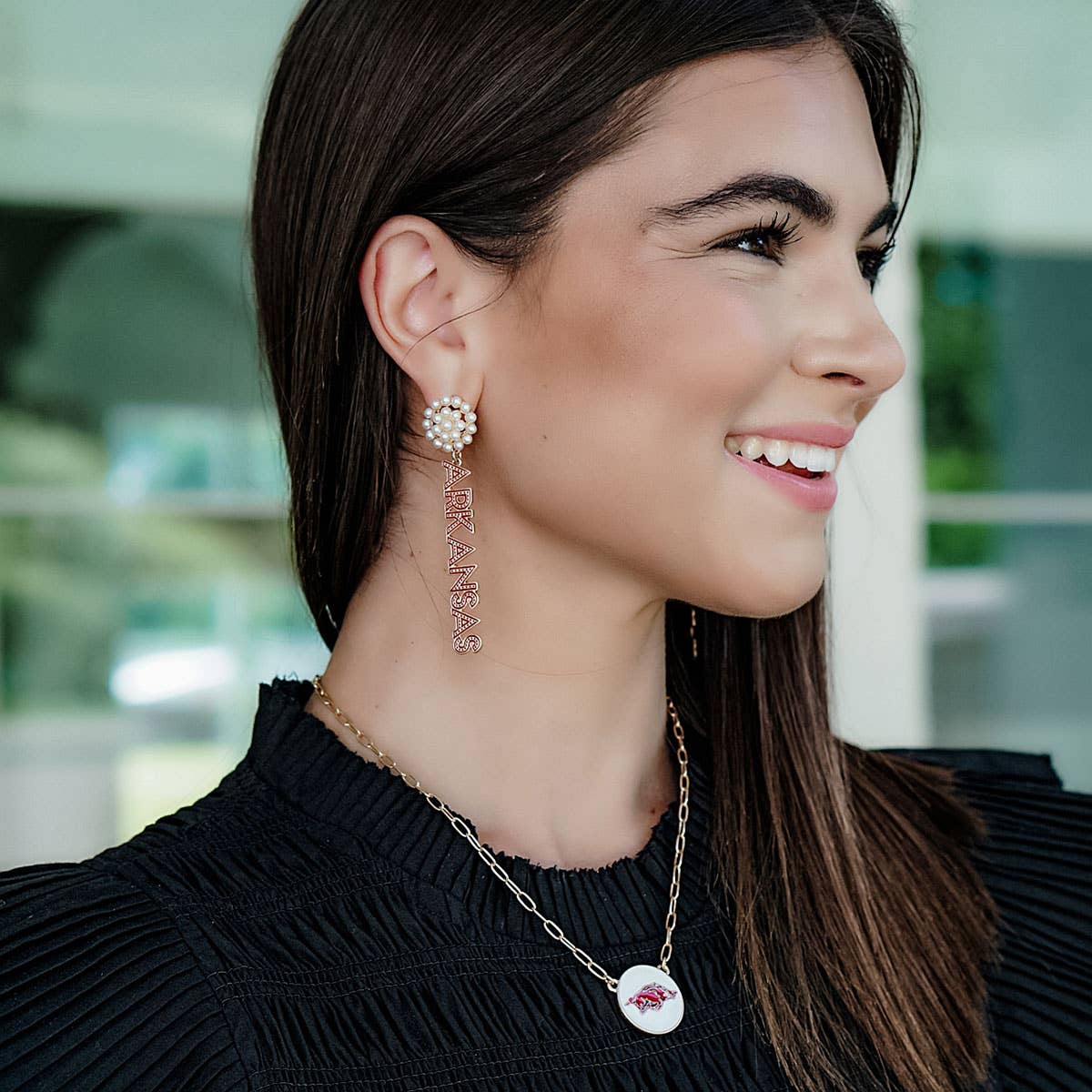 Arkansas Razorbacks Pearl Cluster Dotted Enamel Drop Earring