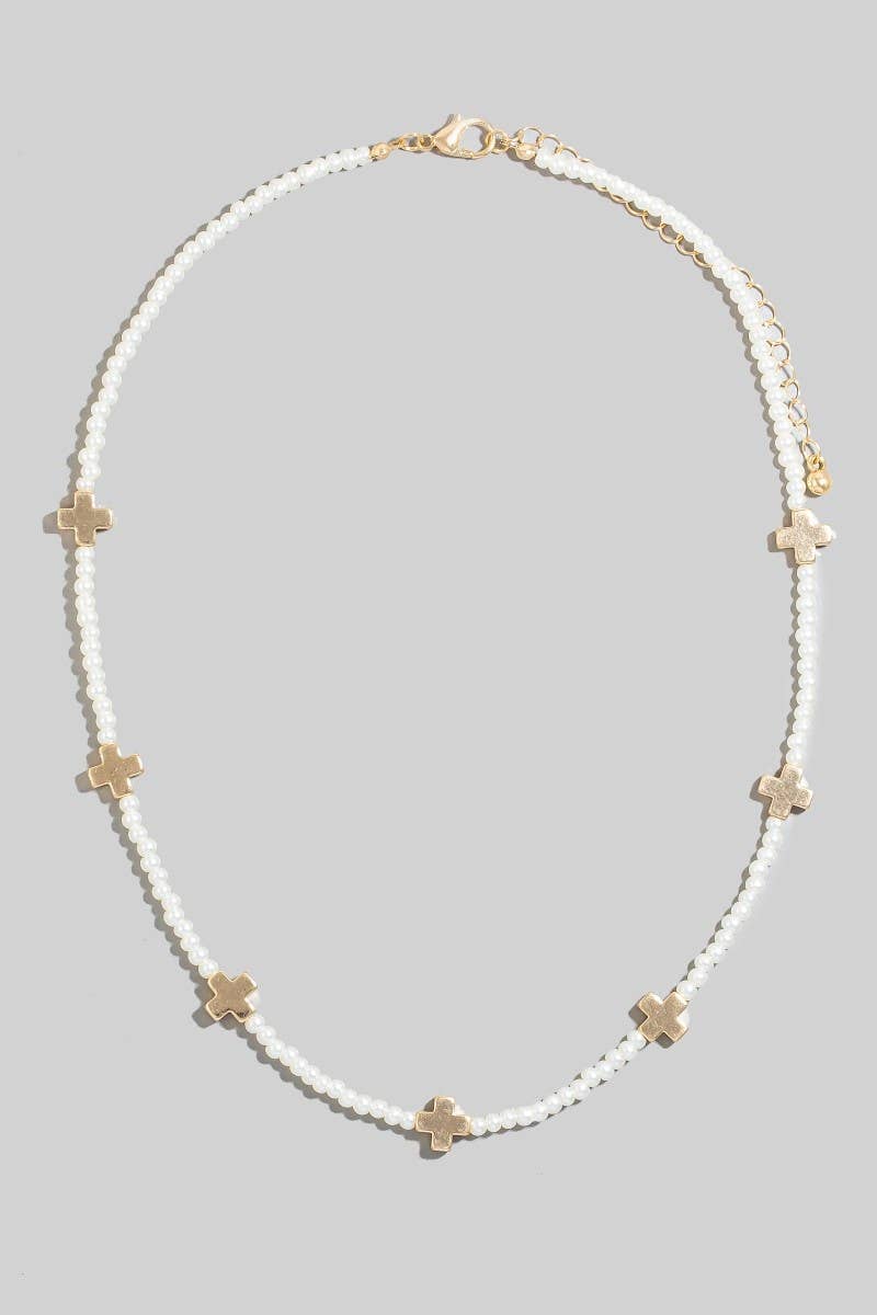 Metallic Cross Charms Pearl Beaded Necklace