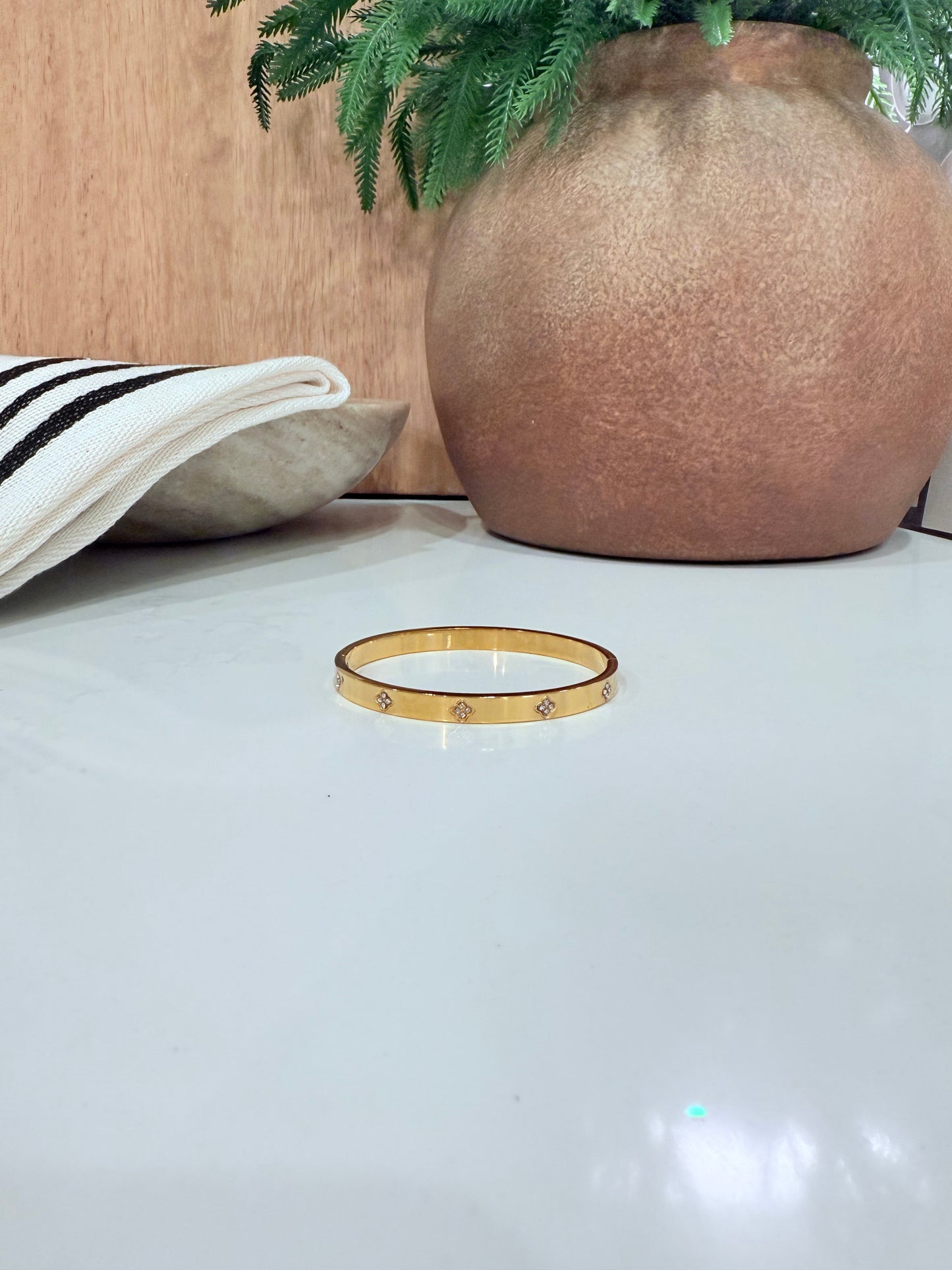 Stainless Steel Clover with Rhinestone Bangle Bracelet