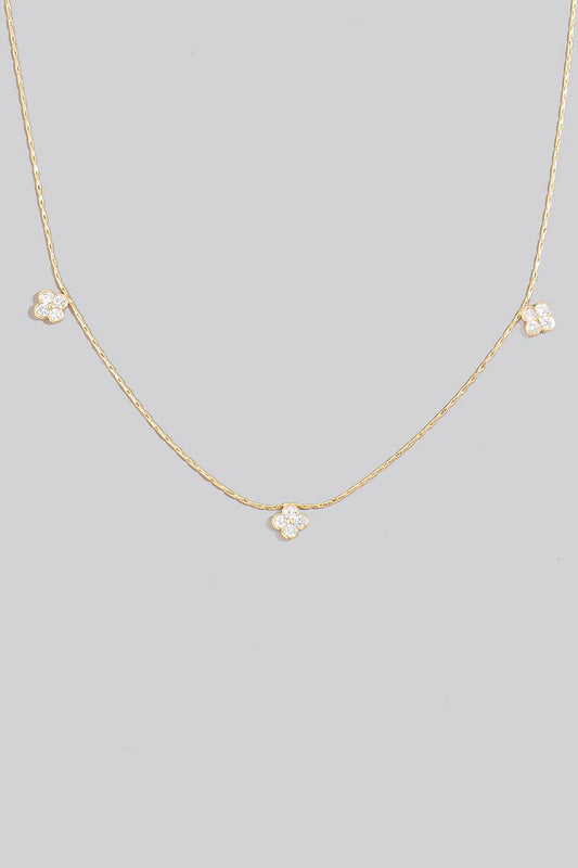 Mini Cz Studded Clover Charms Dainty Chain Necklace