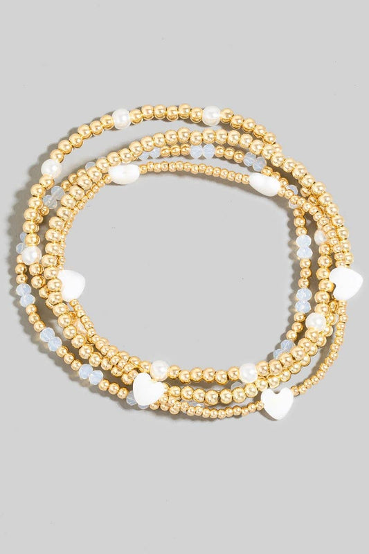 Heart Charms Pearl And Metallic Beaded Bracelet Set
