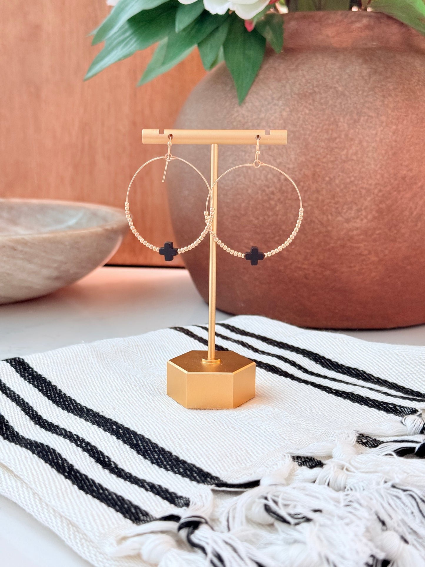 Gold Open Hoop with Black Squared Cross and Gold Beads 1.75" Earring