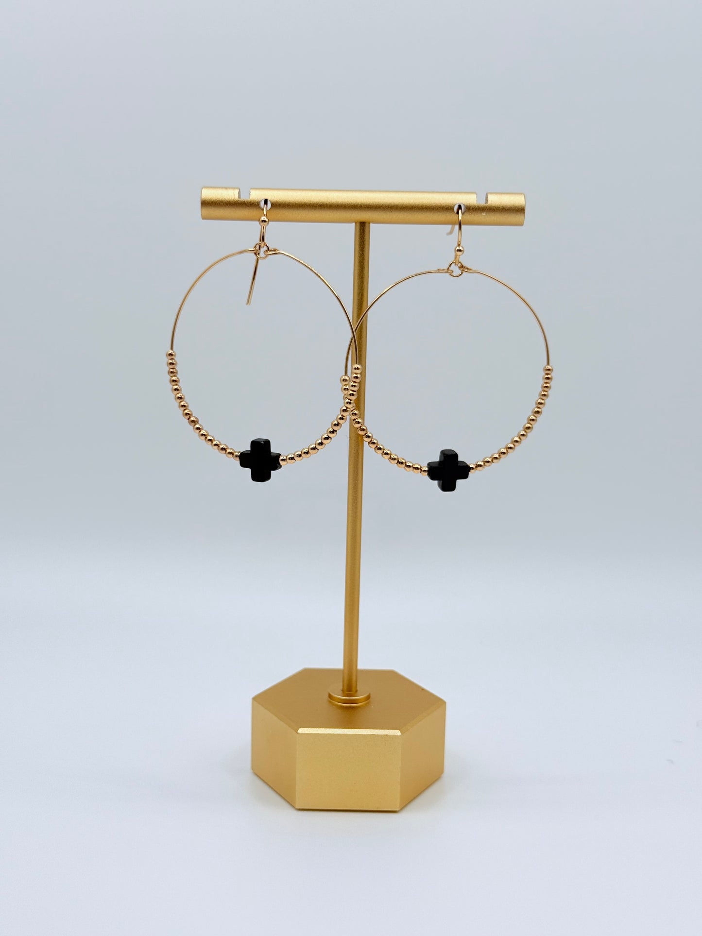 Gold Open Hoop with Black Squared Cross and Gold Beads 1.75" Earring