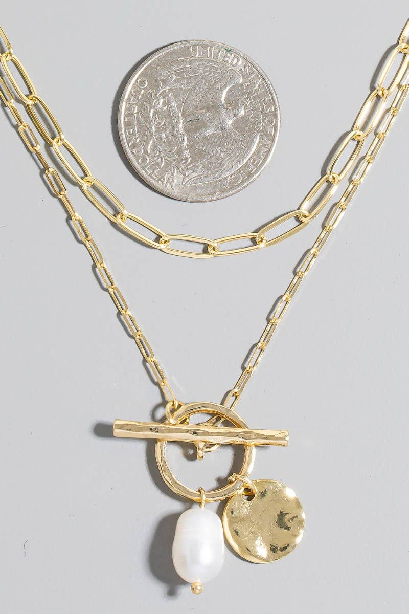 Paperclip Toggle Chain Disc Pearl Necklace