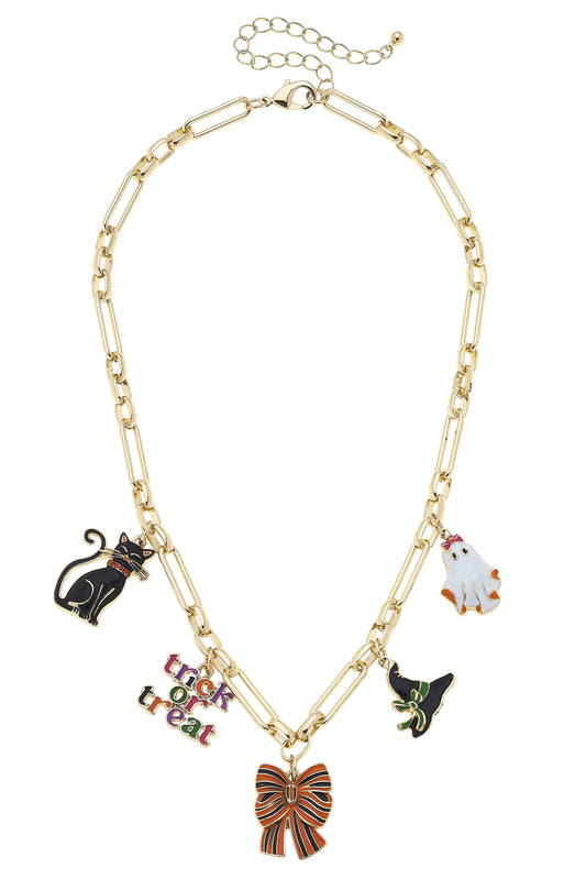 Halloween Enamel Icons Charm Necklace in Shiny Gold