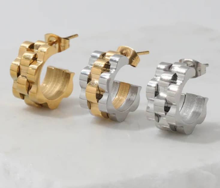 Roll X style watch band Mini Hoop Earring- Earring 14K Gold