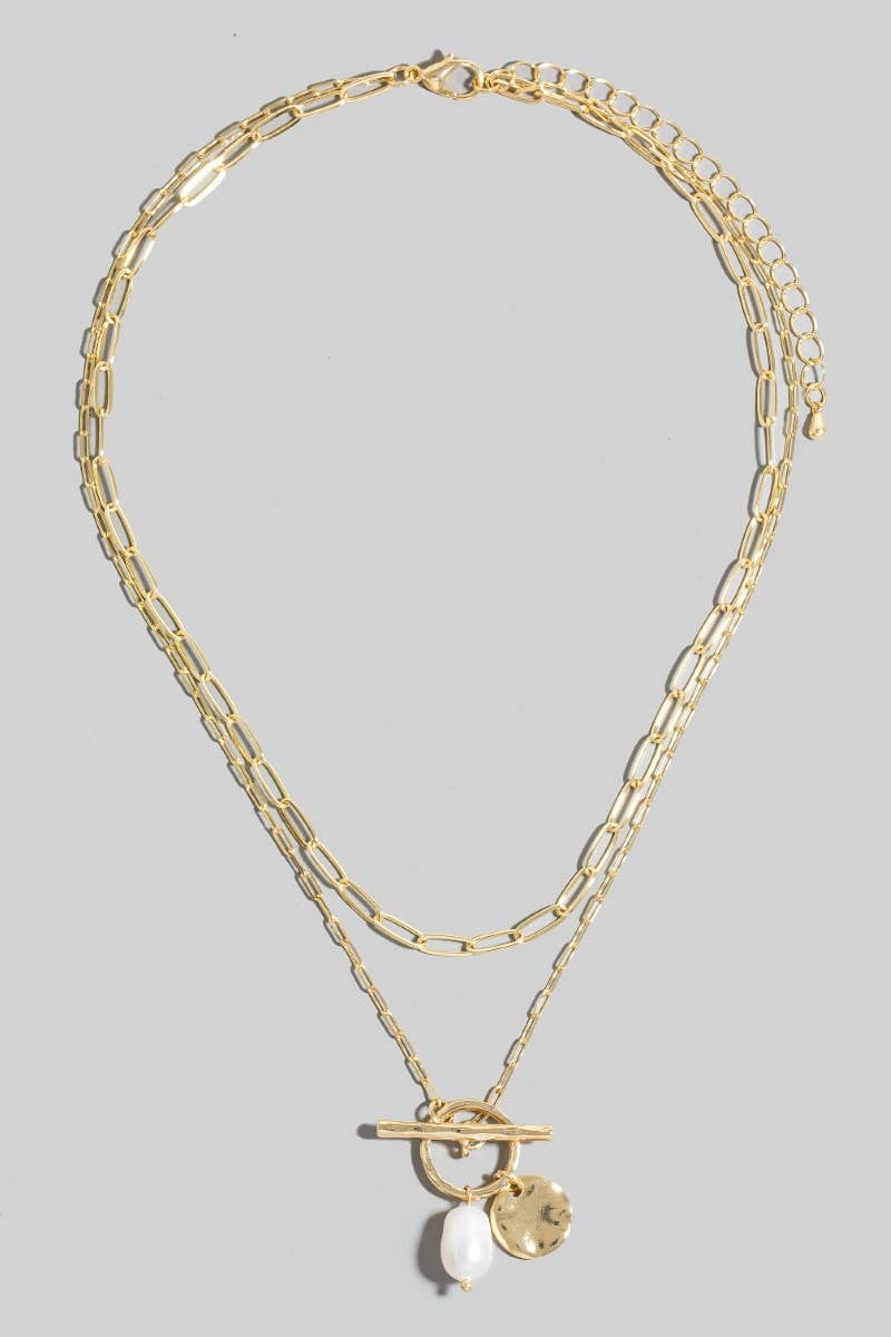 Paperclip Toggle Chain Disc Pearl Necklace