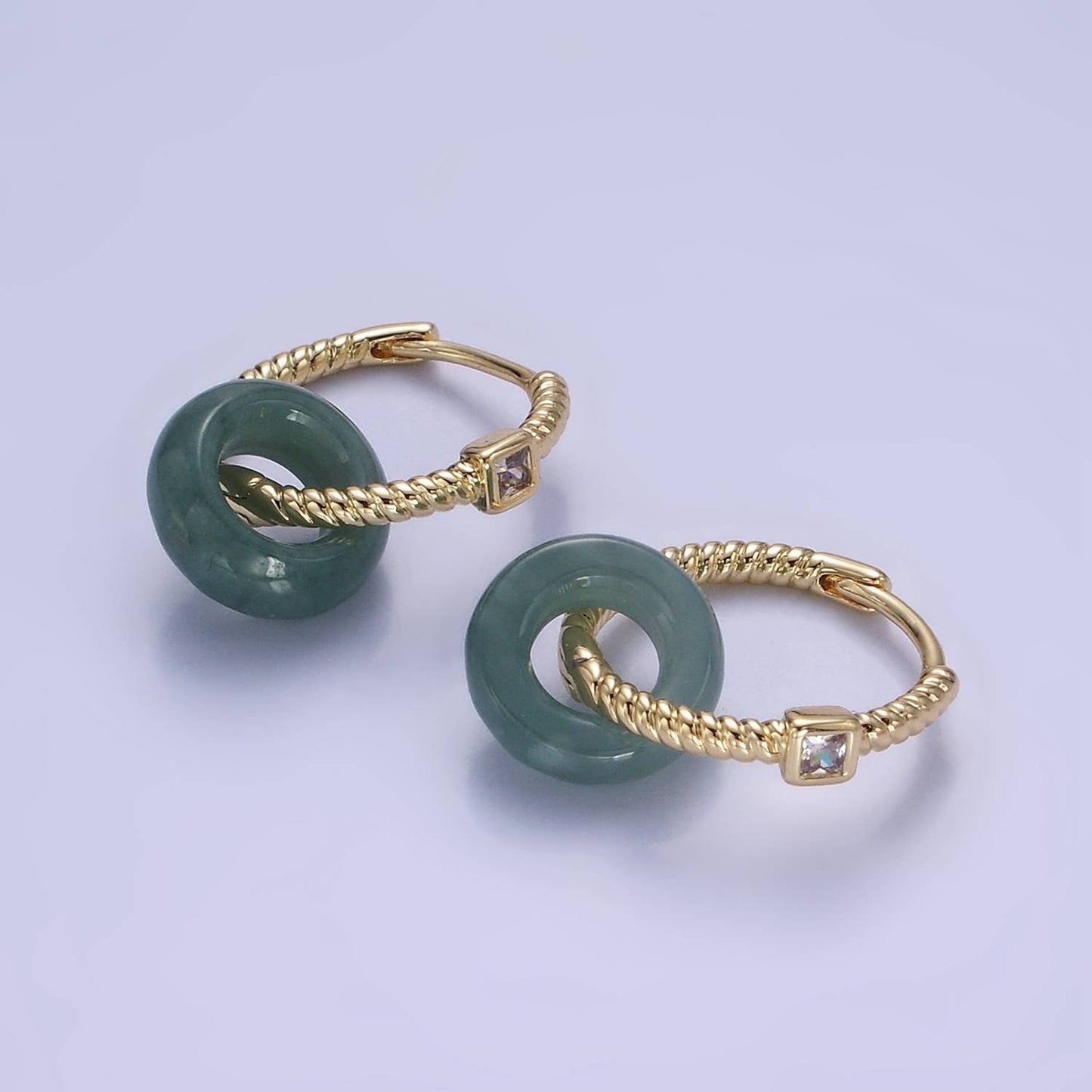 14K Gold Filled Green Jade Donut Drop CZ Croissant Earrings
