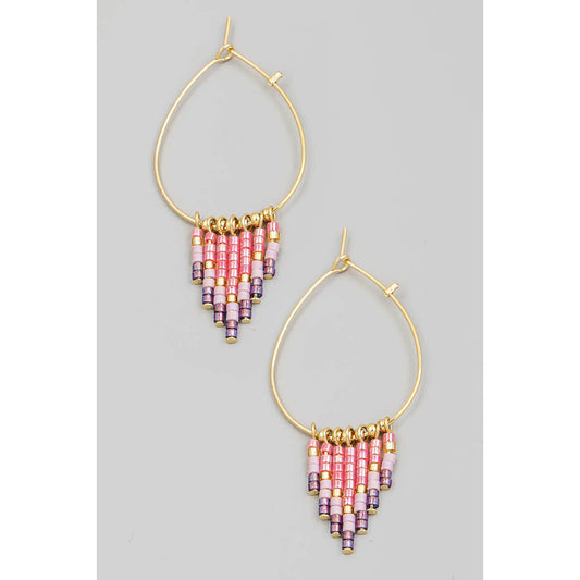 Wire Teardrop Bead Fringe Hoop Earrings Pink or Turquoise