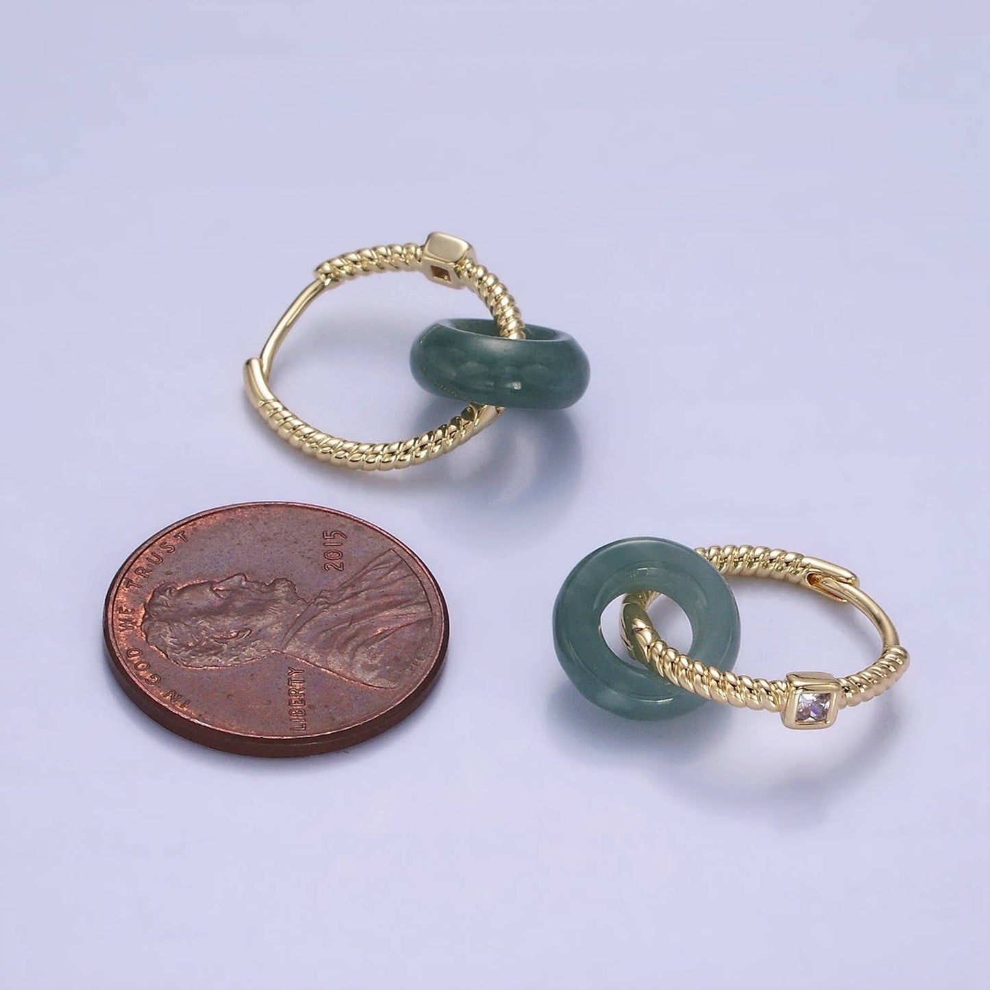 14K Gold Filled Green Jade Donut Drop CZ Croissant Earrings