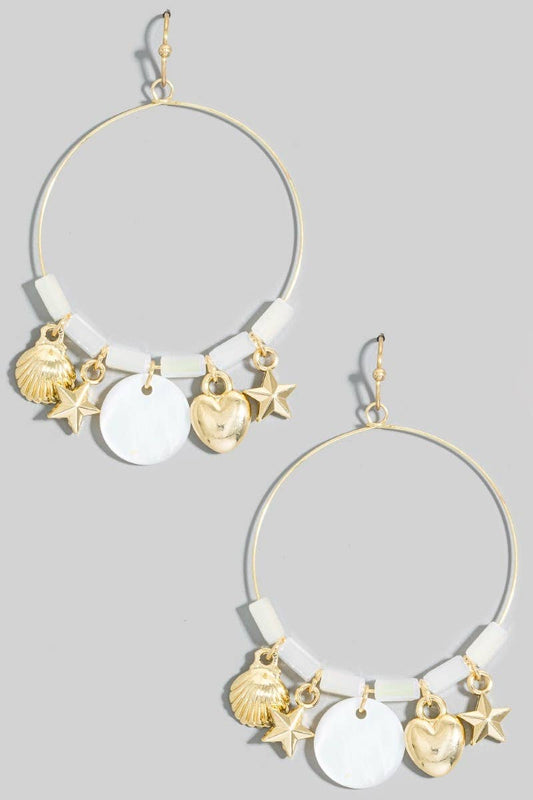 Mixed Sea Life And Heart Charms Hoop Dangle Earrings