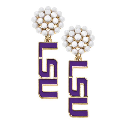 LSU Tigers Pearl Cluster Enamel Drop Earrings in Purple