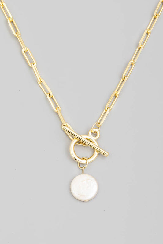 Toggle Chain Link Disc Pearl Charm Necklace