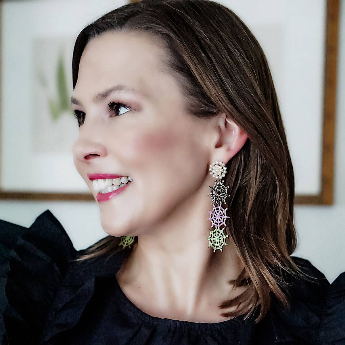 Halloween Enamel Linked Spider Web Drop Earrings in Black/Pu