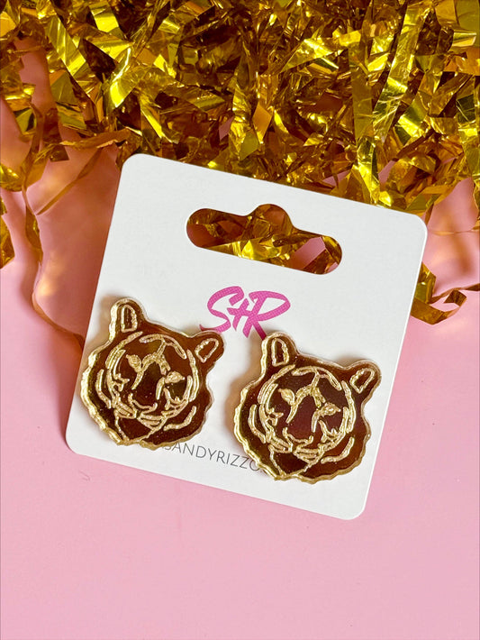 Medium Golden Mirrored Acrylic Tiger Stud