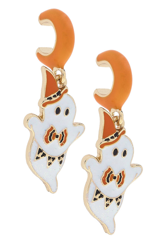 Halloween Ghost Enamel Huggie Hoop Earrings in Orange