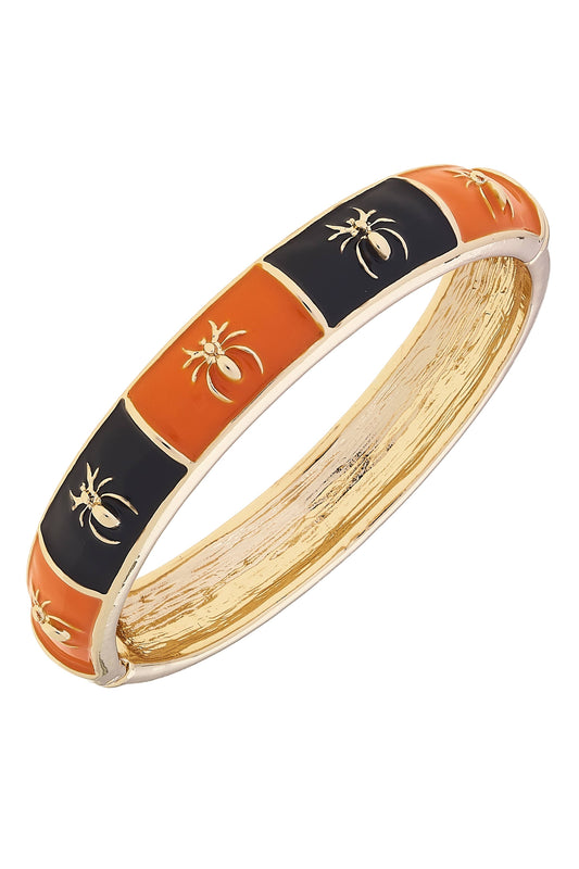 Halloween Spiders Sculpted Enamel Bangle in Orange & Black