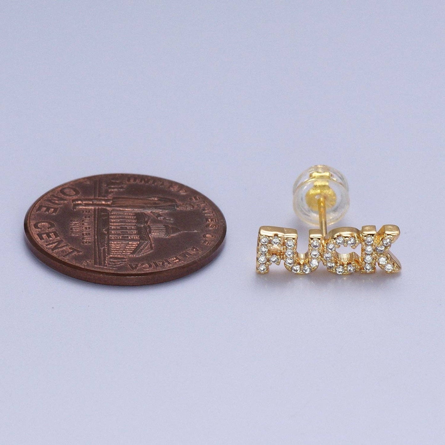 Dainty 16K Gold Filled "FUCK" Script Micro Paved CZ Stud Earrings