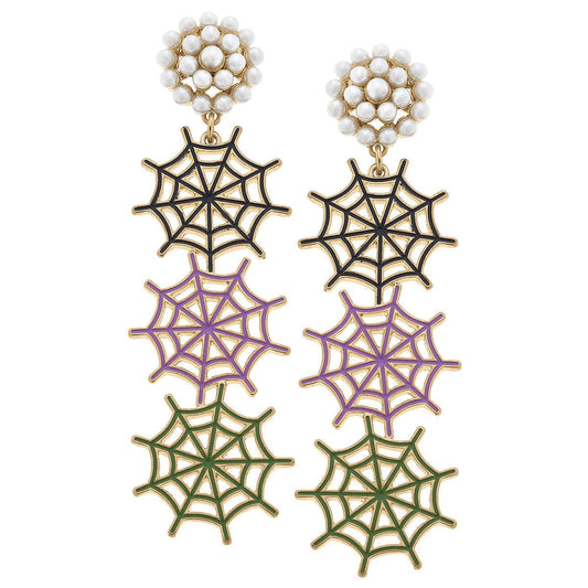 Halloween Enamel Linked Spider Web Drop Earrings in Black/Pu