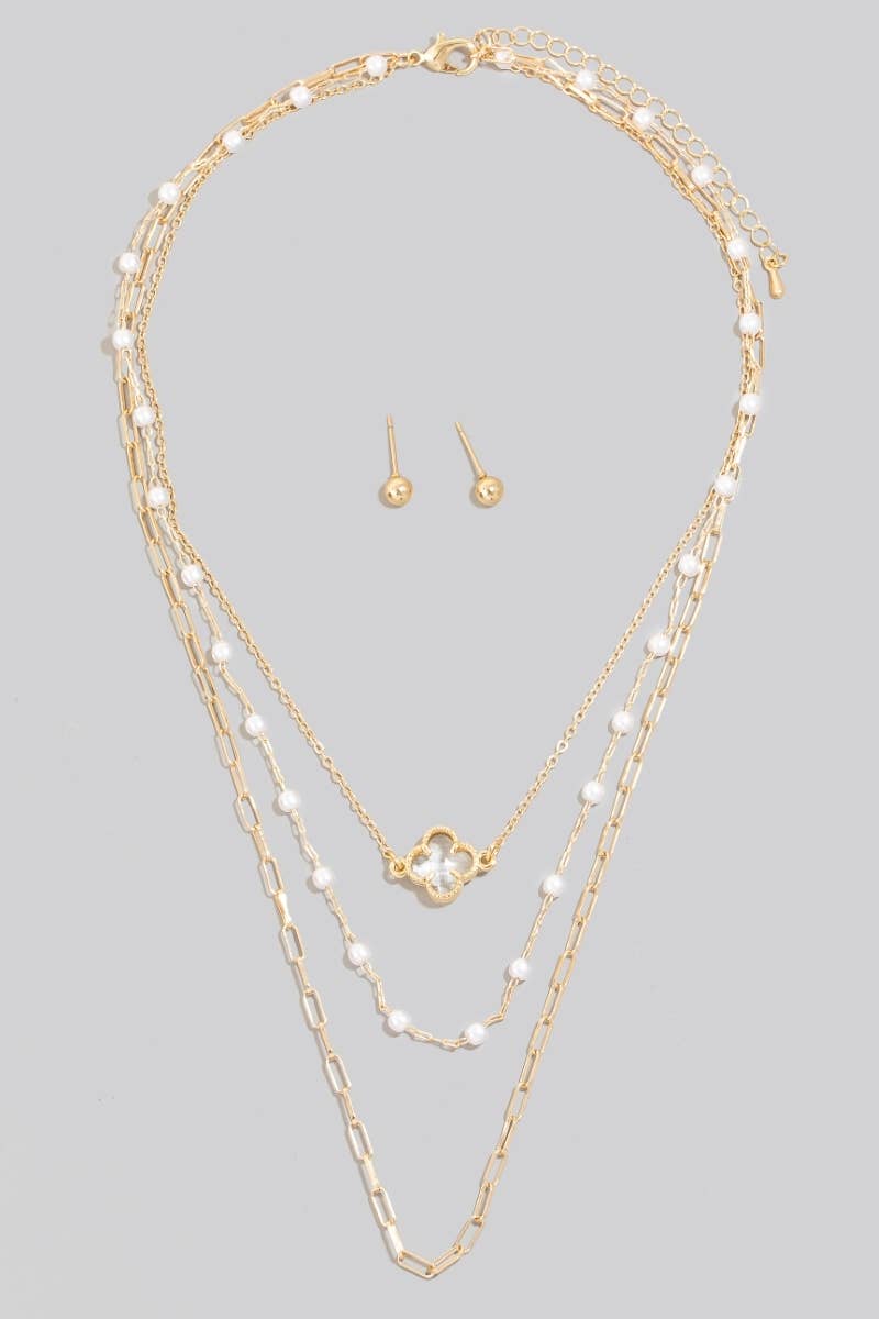 Layered Pearl Beaded Faceted Clover Pendant Necklace Set