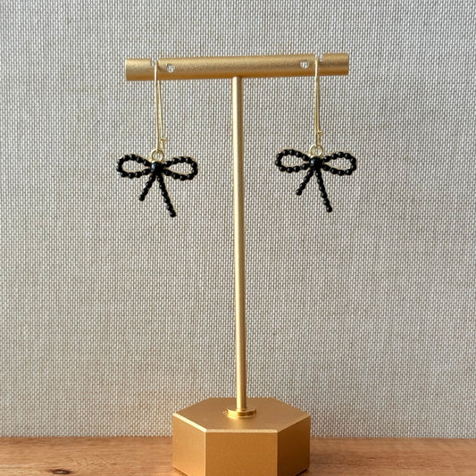 Black Beaded Bow Dangle Earrings