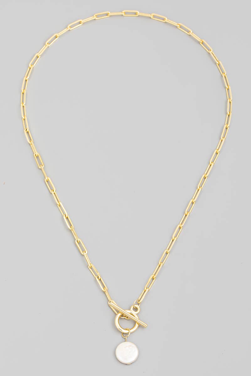 Toggle Chain Link Disc Pearl Charm Necklace