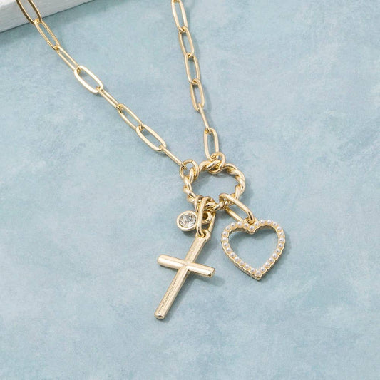 Heart Cross And Gem Pendants Chain Necklace