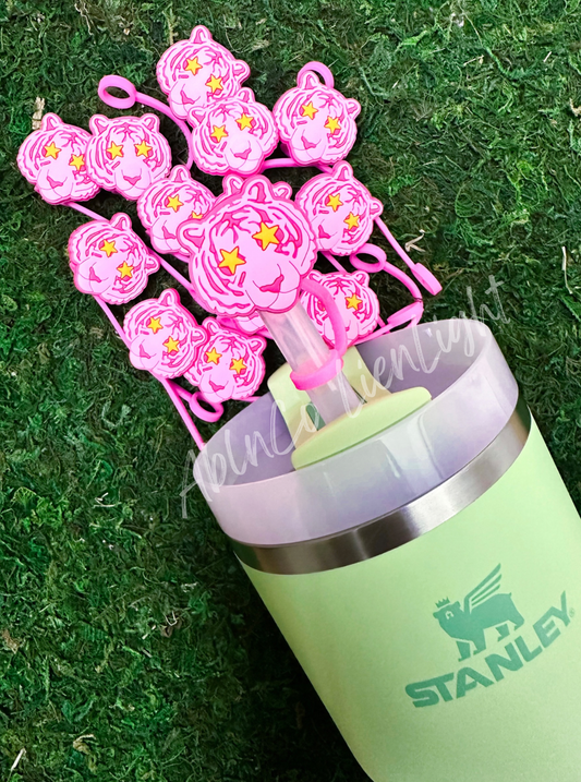 Preppy Pink Mascot™ Tiger Tumbler Straw Topper