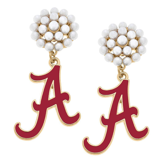 Alabama Crimson Tide Pearl Cluster Enamel Drop Earrings - Limited Stock