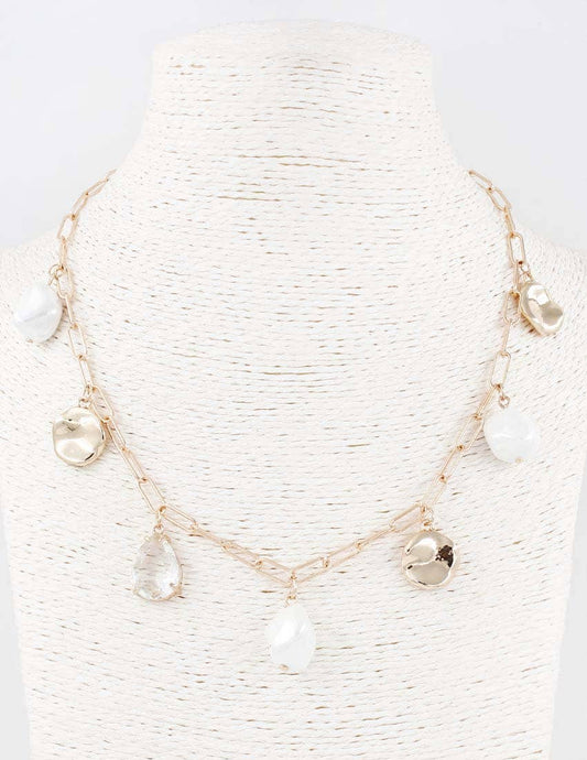 Gold Coin, Pearl, and Crystal Drop Charm 16"-18" Necklace