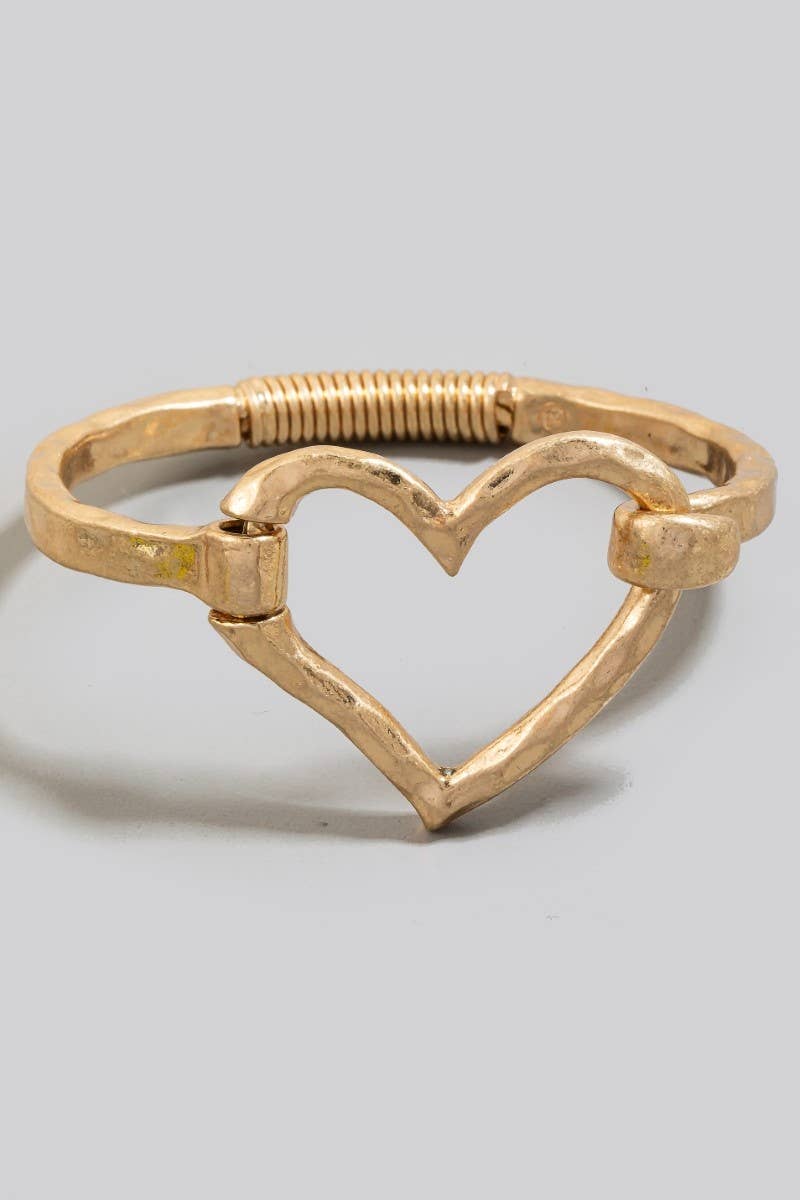 Hammered Heart Coil Spring Hook Bangle Bracelet