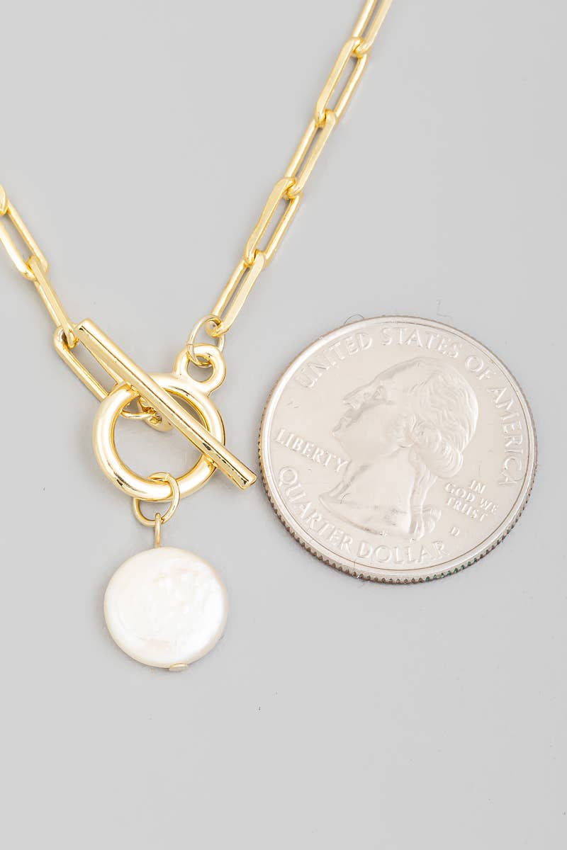 Toggle Chain Link Disc Pearl Charm Necklace