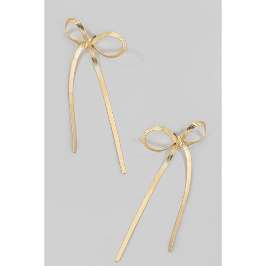 Flat Metallic Chain Ribbon Bow Stud Earrings