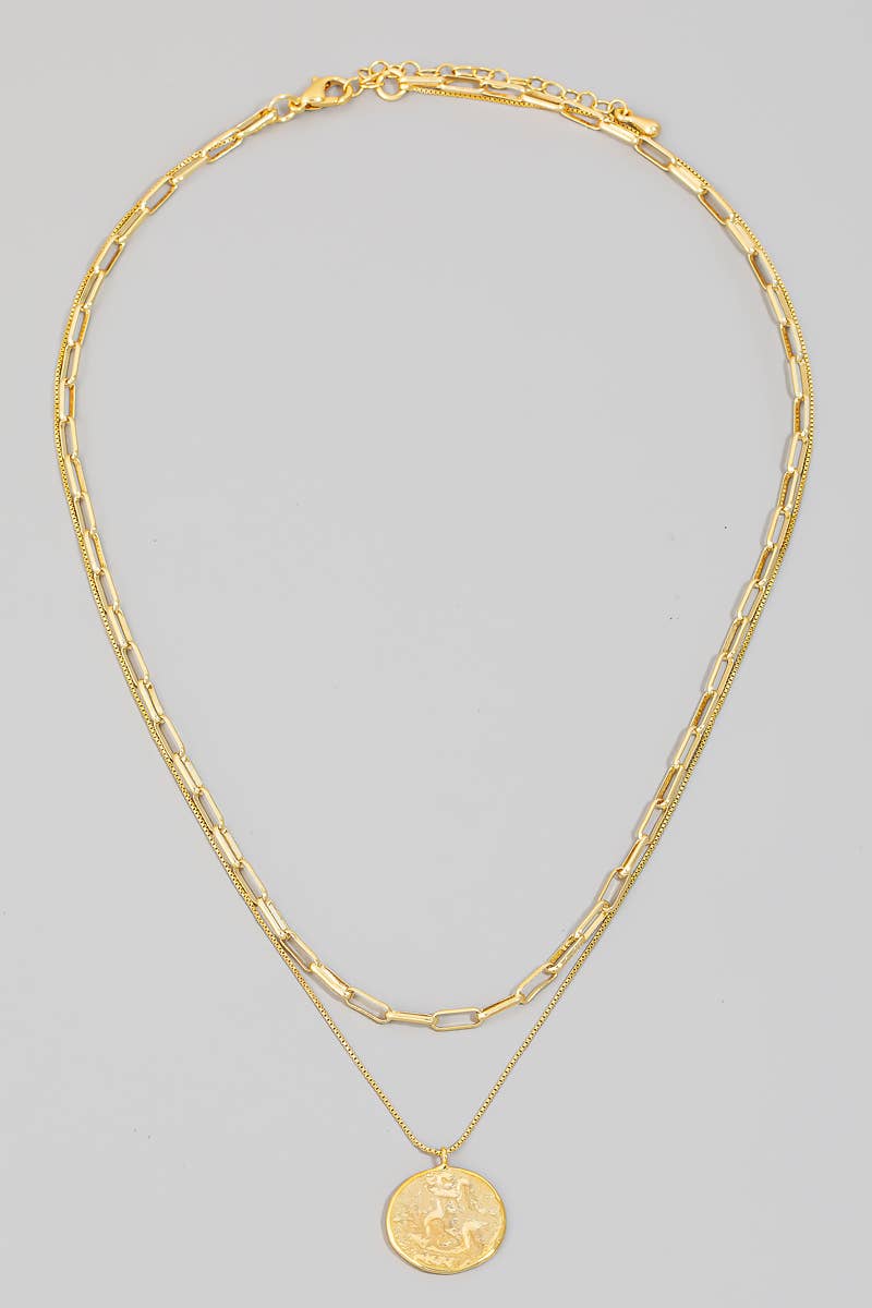 Gold Dipped Warped Coin Layered Chain Necklace