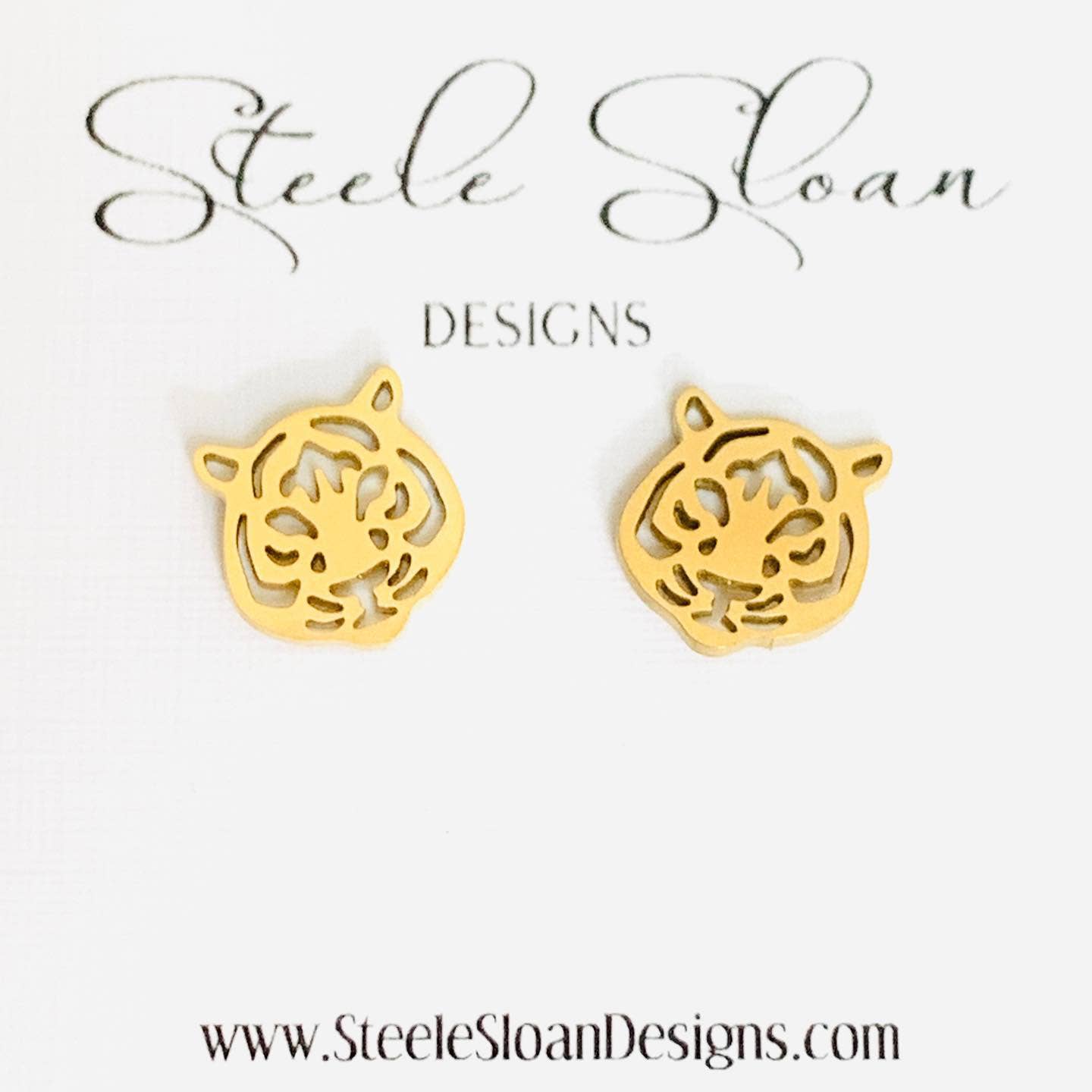 Cute Tiger Earrings, Tiger Football Gift, Gold Stud Earrings