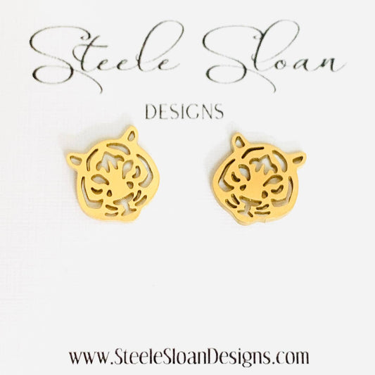 Cute Tiger Earrings, Tiger Football Gift, Gold Stud Earrings