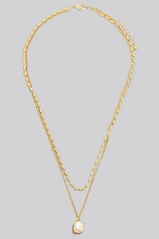 Pearl And Metallic Pendant Layered Chains Necklace