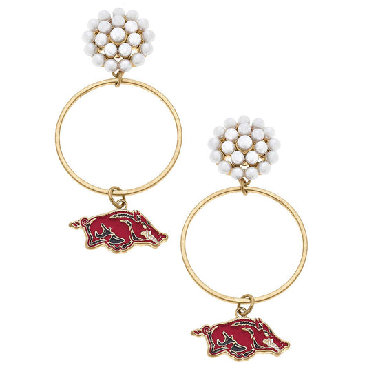 Arkansas Razorbacks Pearl Cluster Enamel Hoop Earrings