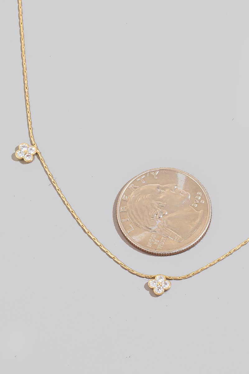 Mini Cz Studded Clover Charms Dainty Chain Necklace